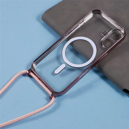For iPhone 16 Plus Case Compatible with MagSafe Electroplating TPU Cellphone Protector with Long Lanyard