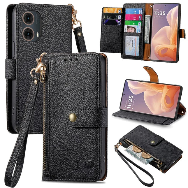 For Motorola Moto G85 5G / S50 Neo 5G Case RFID Blocking Zipper Pocket Leather Wallet Phone Cover - Black