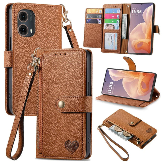 For Motorola Moto G85 5G / S50 Neo 5G Case RFID Blocking Zipper Pocket Leather Wallet Phone Cover - Brown