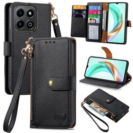 For Honor X6b 4G Case RFID Blocking Zipper Pocket Leather Wallet Phone Cover - Black