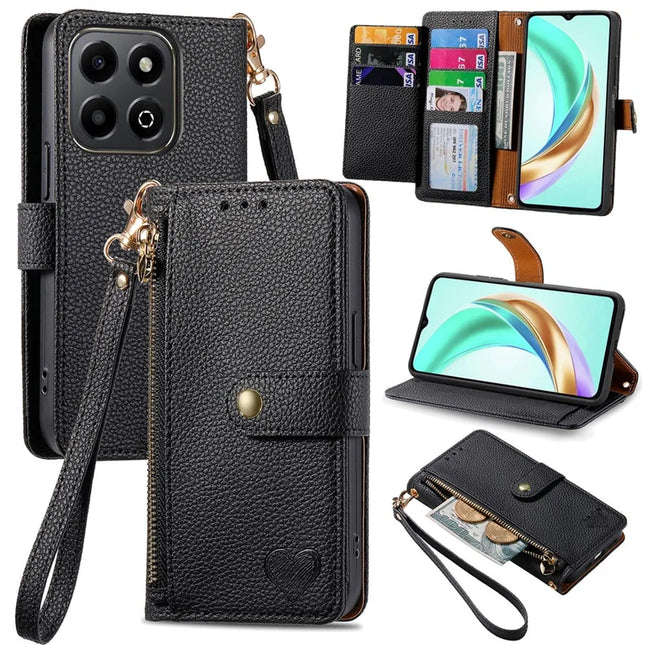 For Honor X6b 4G Case RFID Blocking Zipper Pocket Leather Wallet Phone Cover - Black