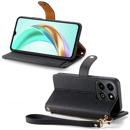 For Honor X6b 4G Case RFID Blocking Zipper Pocket Leather Wallet Phone Cover