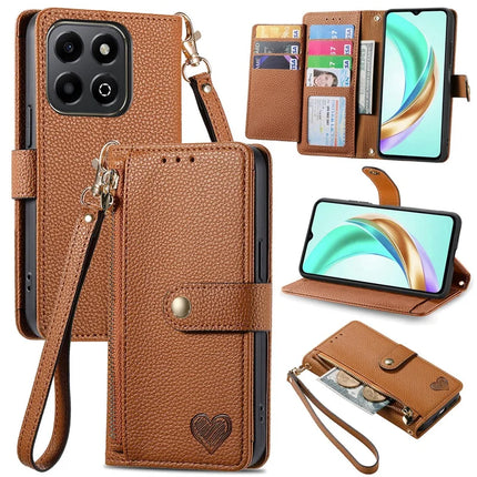 For Honor X6b 4G Case RFID Blocking Zipper Pocket Leather Wallet Phone Cover - Brown