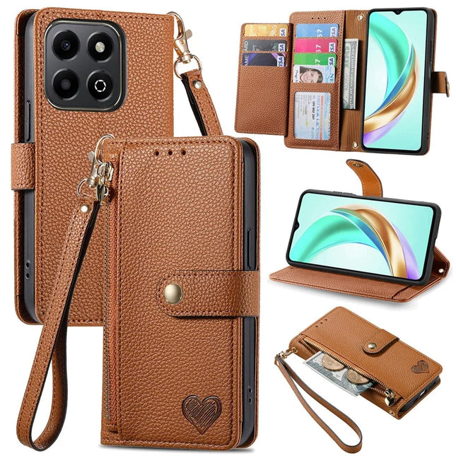 For Honor X6b 4G Case RFID Blocking Zipper Pocket Leather Wallet Phone Cover - Brown