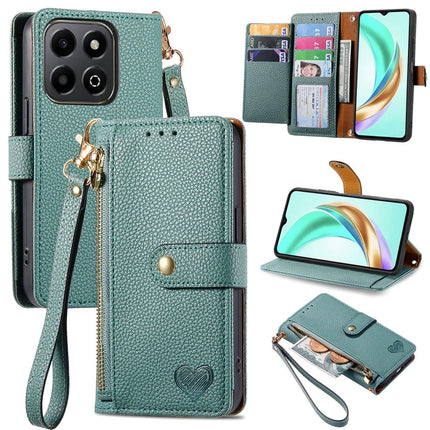 For Honor X6b 4G Case RFID Blocking Zipper Pocket Leather Wallet Phone Cover - Green