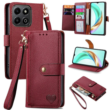 For Honor X6b 4G Case RFID Blocking Zipper Pocket Leather Wallet Phone Cover - Red