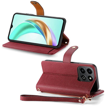 For Honor X6b 4G Case RFID Blocking Zipper Pocket Leather Wallet Phone Cover
