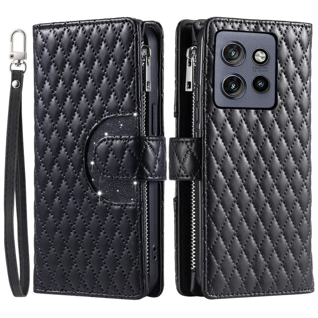 Style 012 for Motorola Edge 50 Neo 5G / Moto S50 5G / Thinkphone 25 5G Case Zipper Pocket Glitter Leather Phone Cover - Black