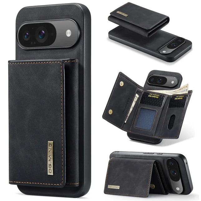DG.MING M1 Series for Google Pixel 9 Pro / Pixel 9 Case Kickstand PU Phone Cover with Detachable Wallet - Black