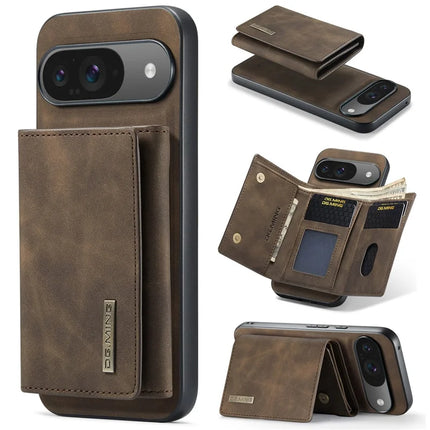 DG.MING M1 Series for Google Pixel 9 Pro / Pixel 9 Case Kickstand PU Phone Cover with Detachable Wallet - Coffee