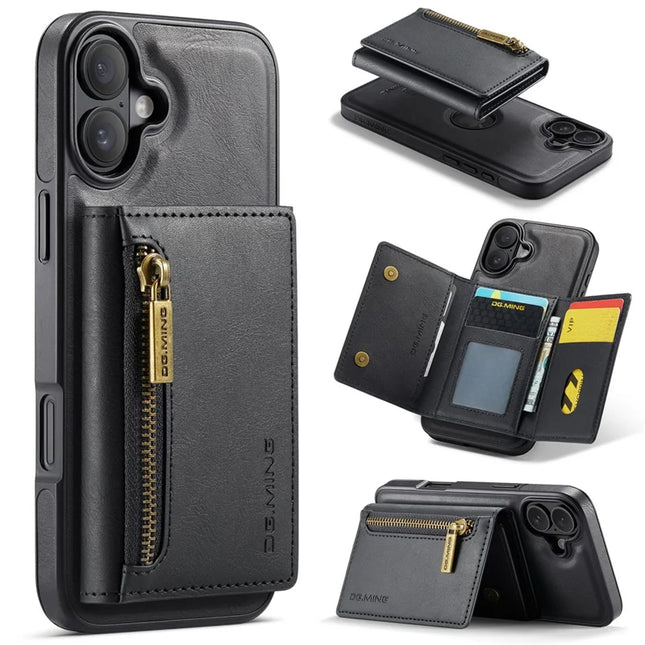 DG.MING M5 Series For iPhone 16 Plus Case Detachable Magnetic Leather Phone Cover with Card Slots - Black