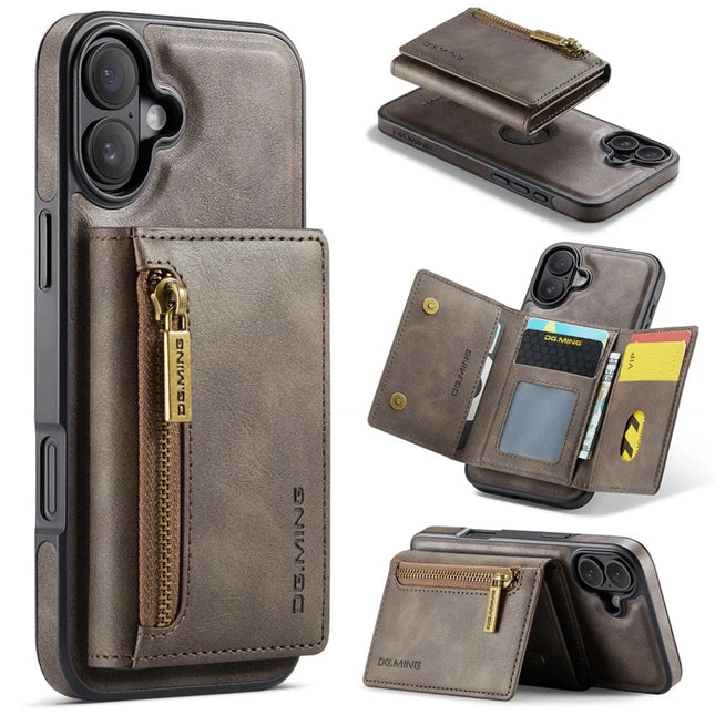 DG.MING M5 Series For iPhone 16 Plus Case Detachable Magnetic Leather Phone Cover with Card Slots - Coffee