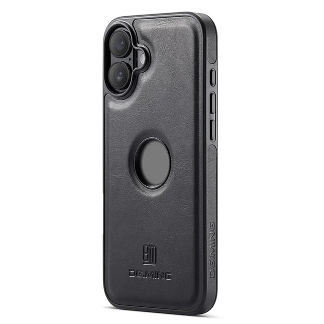 DG.MING For iPhone 16 Plus Case Anti-Drop Leather Coated PC+TPU Phone Back Cover - Black