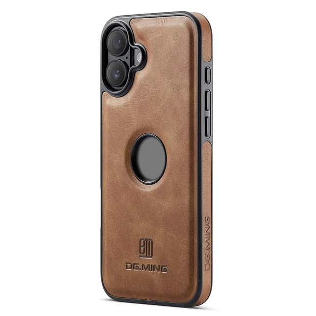 DG.MING For iPhone 16 Plus Case Anti-Drop Leather Coated PC+TPU Phone Back Cover - Brown