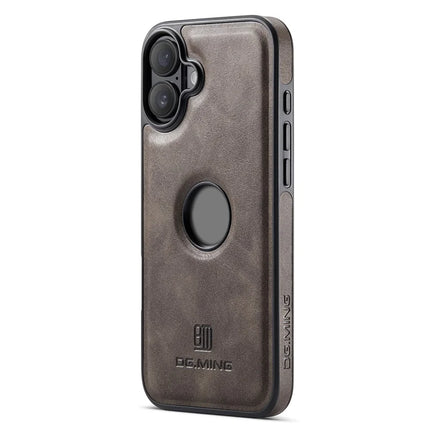 DG.MING For iPhone 16 Plus Case Anti-Drop Leather Coated PC+TPU Phone Back Cover - Coffee
