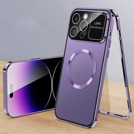 For iPhone 16 Pro Max Case Compatible with MagSafe Double-Sided Tempered Glass+Metal Phone Cover - Dard Purple / HD Clear