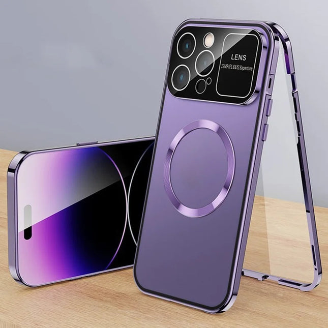 For iPhone 16 Pro Max Case Compatible with MagSafe Double-Sided Tempered Glass+Metal Phone Cover - Dard Purple / HD Clear