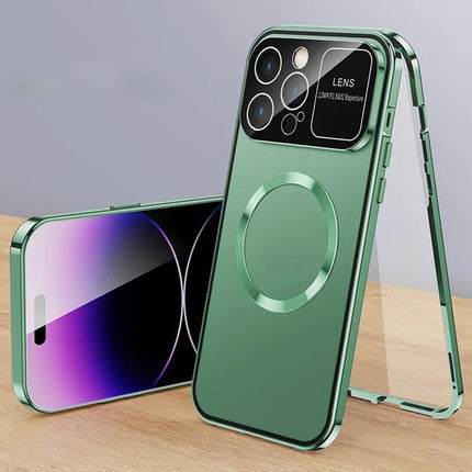 For iPhone 16 Pro Max Case Compatible with MagSafe Double-Sided Tempered Glass+Metal Phone Cover - Green / HD Clear