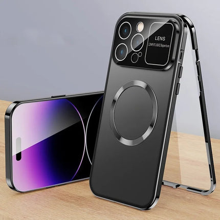 For iPhone 16 Pro Max Case Compatible with MagSafe Double-Sided Tempered Glass+Metal Phone Cover - Black / HD Clear
