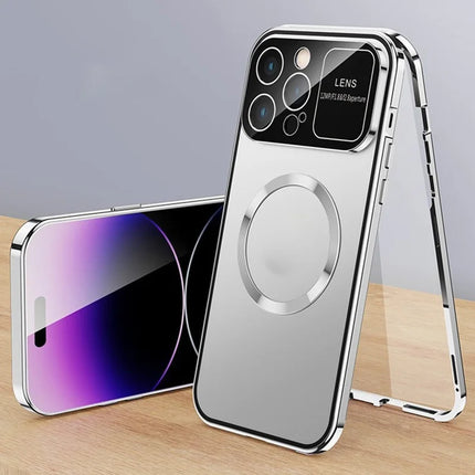 For iPhone 16 Pro Max Case Compatible with MagSafe Double-Sided Tempered Glass+Metal Phone Cover - Silver / HD Clear