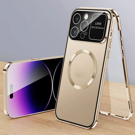 For iPhone 16 Pro Max Case Compatible with MagSafe Double-Sided Tempered Glass+Metal Phone Cover - Gold / HD Clear