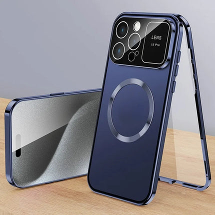 For iPhone 16 Pro Max Case Compatible with MagSafe Double-Sided Tempered Glass+Metal Phone Cover - Dark Blue / HD Clear