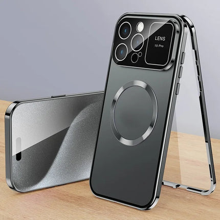 For iPhone 16 Pro Max Case Compatible with MagSafe Double-Sided Tempered Glass+Metal Phone Cover - Titanium Grey / HD Clear