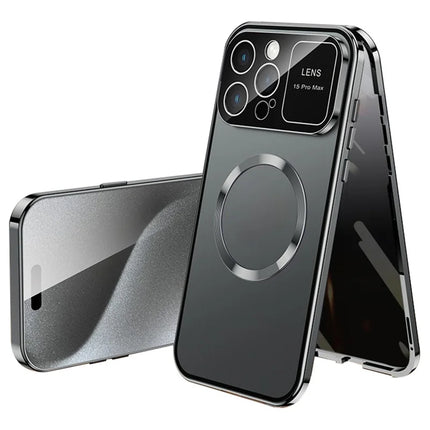 For iPhone 16 Pro Max Case Compatible with MagSafe Double-Sided Tempered Glass+Metal Phone Cover - Titanium Grey / Anti-Peep