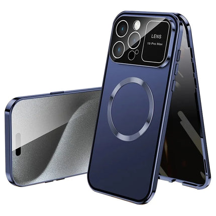 For iPhone 16 Pro Max Case Compatible with MagSafe Double-Sided Tempered Glass+Metal Phone Cover - Dark Blue / Anti-Peep