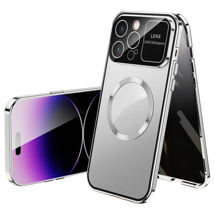 For iPhone 16 Pro Max Case Compatible with MagSafe Double-Sided Tempered Glass+Metal Phone Cover - Silver / Anti-Peep
