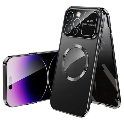 For iPhone 16 Pro Max Case Compatible with MagSafe Double-Sided Tempered Glass+Metal Phone Cover - Black / Anti-Peep