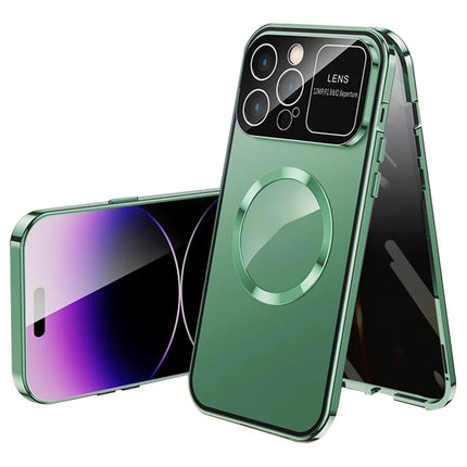 For iPhone 16 Pro Max Case Compatible with MagSafe Double-Sided Tempered Glass+Metal Phone Cover - Green / Anti-Peep