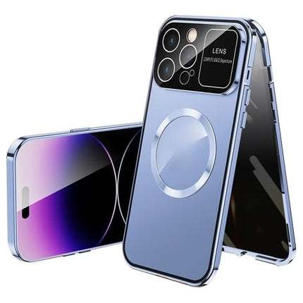 For iPhone 16 Pro Max Case Compatible with MagSafe Double-Sided Tempered Glass+Metal Phone Cover - Blue / Anti-Peep