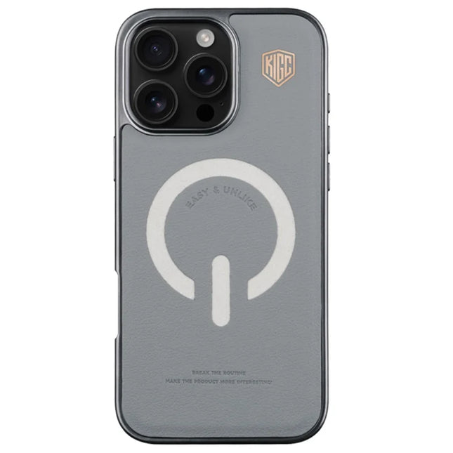 KIGC For iPhone 16 Pro Case Compatible with MagSafe Leather+PC+TPU Electroplating Phone Cover - Grey