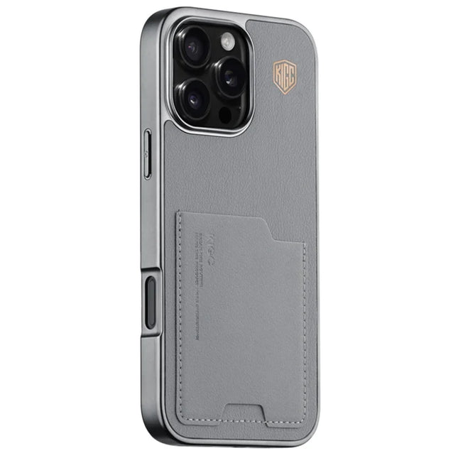 KIGC For iPhone 16 Pro Max Case Leather+PC+TPU Electroplating Phone Cover with Card Holder - Grey