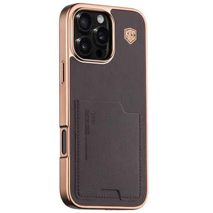 KIGC For iPhone 16 Pro Max Case Leather+PC+TPU Electroplating Phone Cover with Card Holder - Titanium Gold