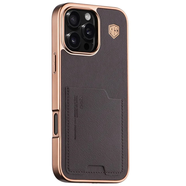 KIGC For iPhone 16 Pro Max Case Leather+PC+TPU Electroplating Phone Cover with Card Holder - Titanium Gold