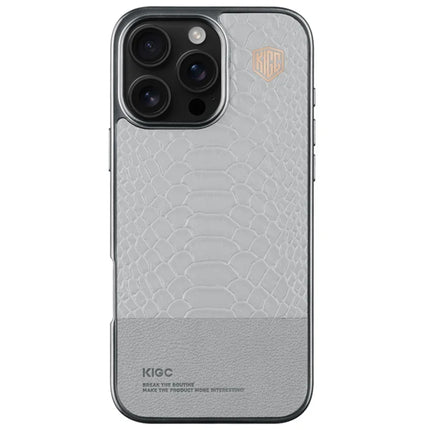 KIGC For iPhone 16 Pro Max Case Crocodile Texture Leather+PC+TPU Electroplating Phone Cover - Grey