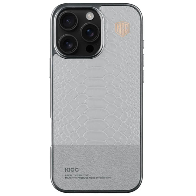KIGC For iPhone 16 Pro Max Case Crocodile Texture Leather+PC+TPU Electroplating Phone Cover - Grey