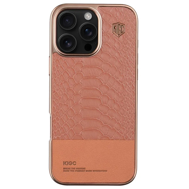 KIGC For iPhone 16 Pro Max Case Crocodile Texture Leather+PC+TPU Electroplating Phone Cover - Titanium Gold
