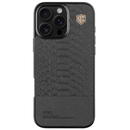 KIGC For iPhone 16 Pro Max Case Crocodile Texture Leather+PC+TPU Electroplating Phone Cover - Black