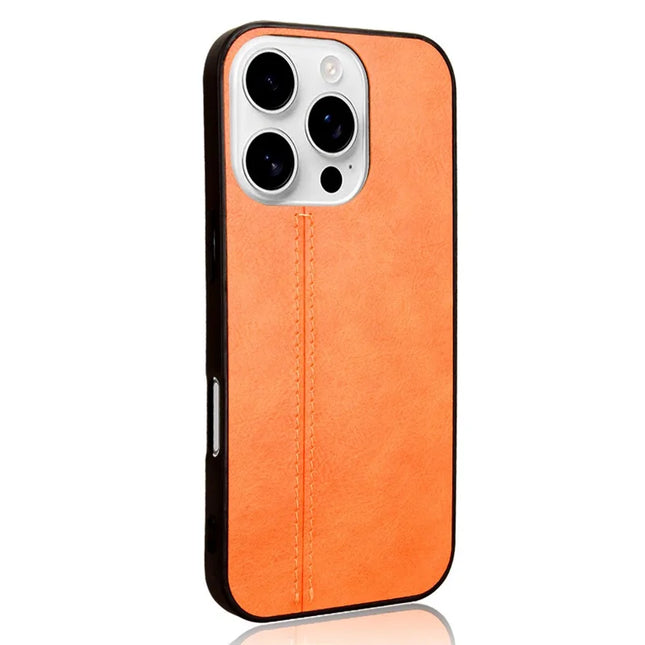 For iPhone 16 Pro Max Case Leather+TPU+PC Phone Cover Stitching Line - Orange
