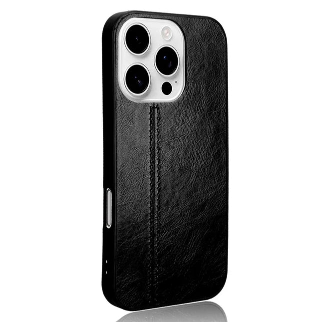 For iPhone 16 Pro Max Case Leather+TPU+PC Phone Cover Stitching Line - Black
