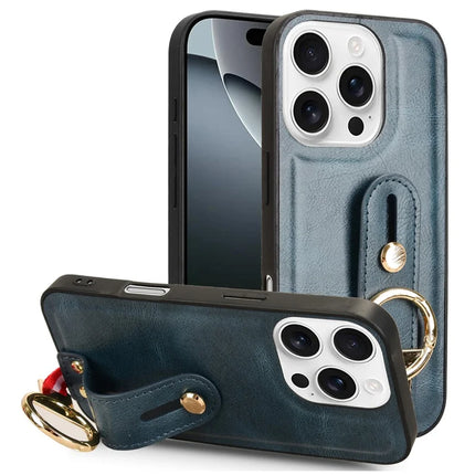 For iPhone 16 Pro Case Wristband Kickstand Leather+PC+TPU Phone Cover with Bottle Opener - Blue