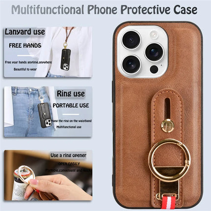For iPhone 16 Pro Case Wristband Kickstand Leather+PC+TPU Phone Cover with Bottle Opener