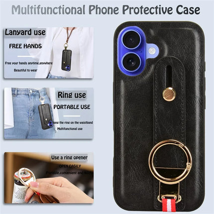 For iPhone 16 Case Wristband Kickstand Leather+PC+TPU Phone Cover with Bottle Opener