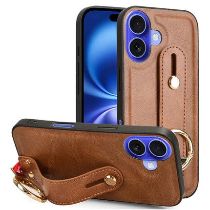 For iPhone 16 Plus Case Wristband Kickstand Leather+PC+TPU Phone Cover with Bottle Opener - Brown
