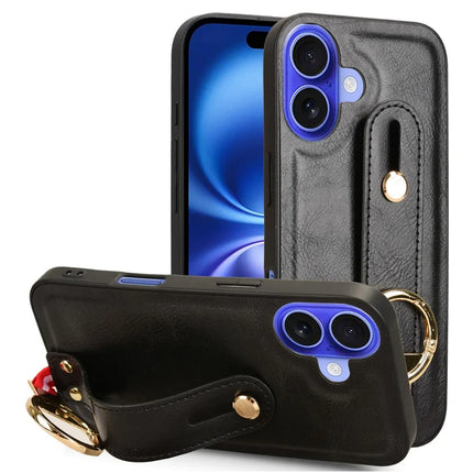 For iPhone 16 Plus Case Wristband Kickstand Leather+PC+TPU Phone Cover with Bottle Opener - Black