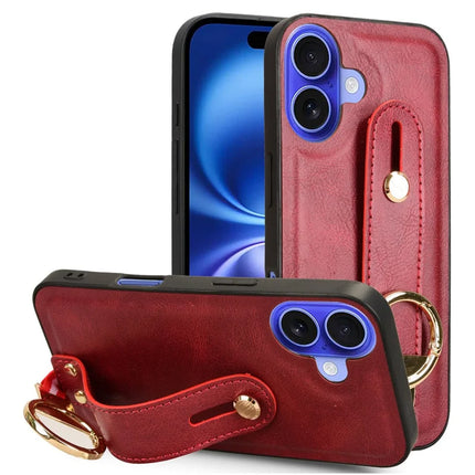 For iPhone 16 Plus Case Wristband Kickstand Leather+PC+TPU Phone Cover with Bottle Opener - Red