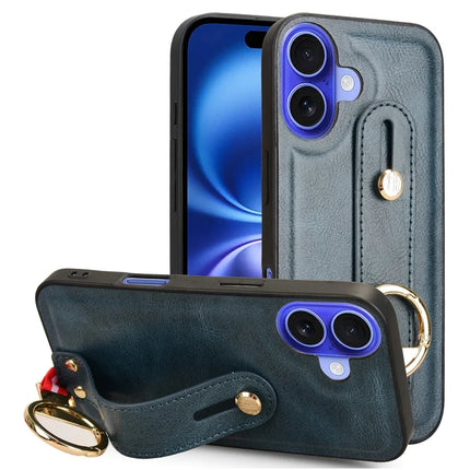 For iPhone 16 Plus Case Wristband Kickstand Leather+PC+TPU Phone Cover with Bottle Opener - Blue